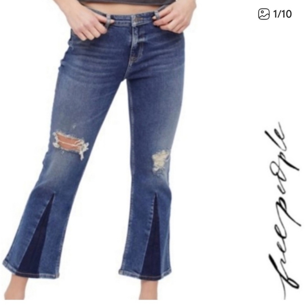 Free People Distressed Two-Tone Blue Crop Flare Jeans